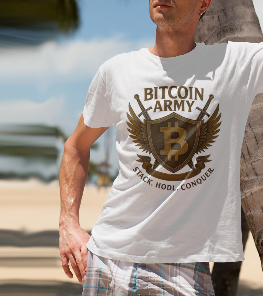 Bitcoin Army Shield Stack Hodl Conquer Crypto Warriors T-Shirt