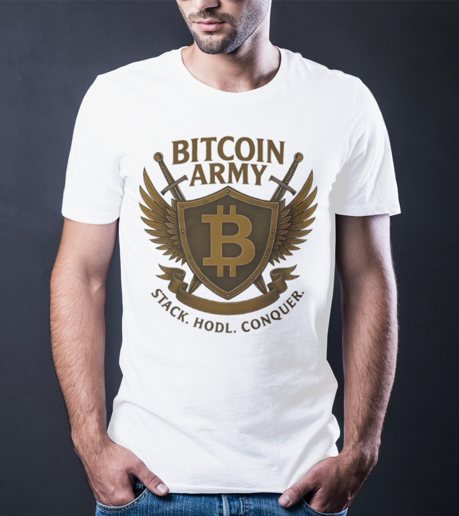 Bitcoin Army Shield Stack Hodl Conquer Crypto Warriors T-Shirt