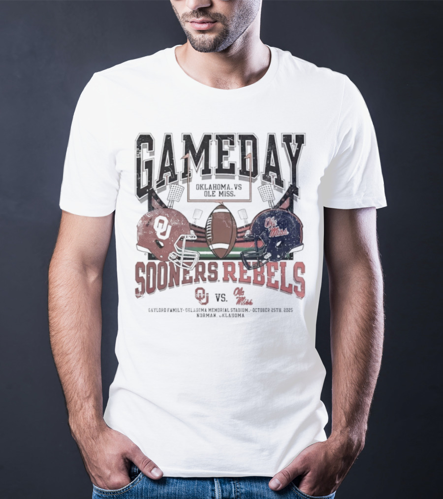 Gameday Oklahoma Sooners Vs Ole Miss Rebels Gaylord Family Oklahoma Memorial Stadium Football Helmets T-Shirt