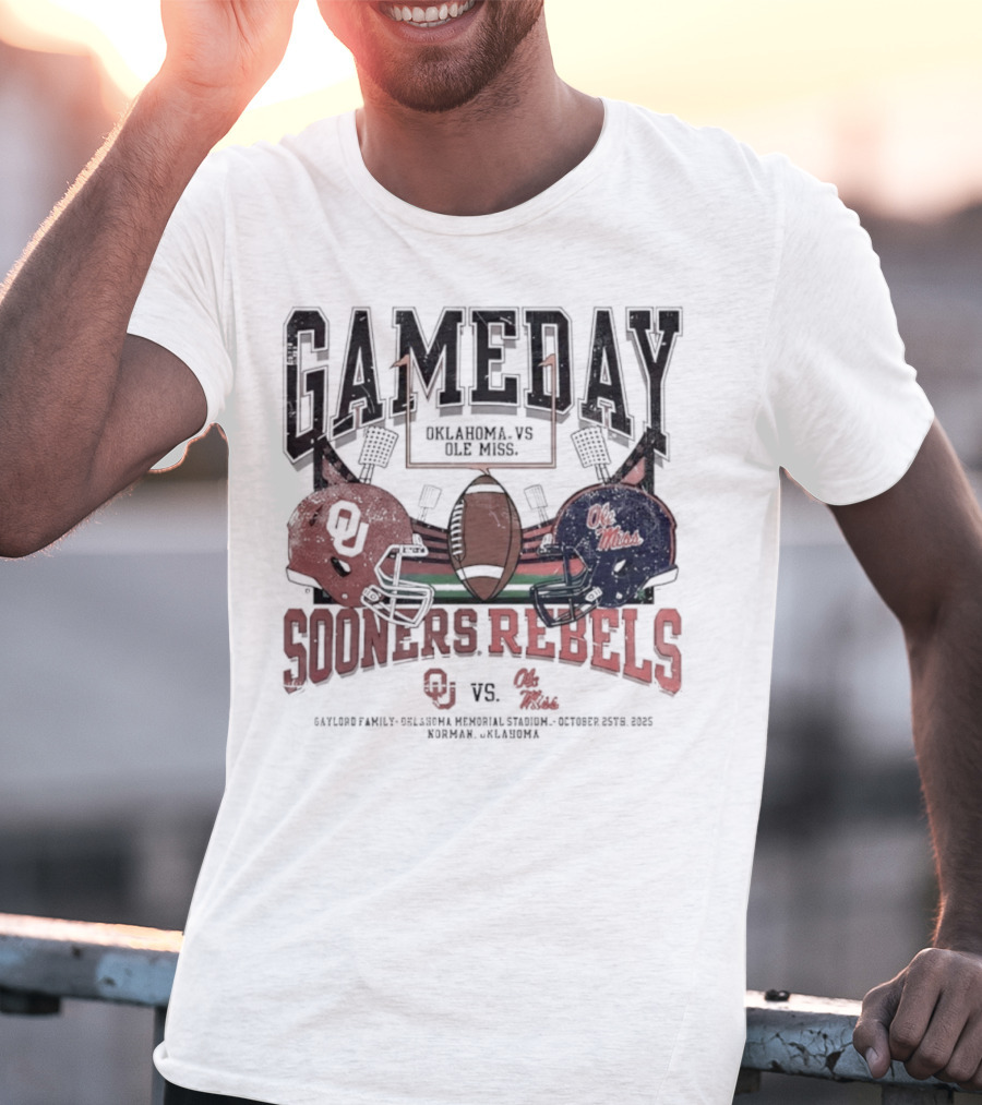 Gameday Oklahoma Sooners Vs Ole Miss Rebels Gaylord Family Oklahoma Memorial Stadium Football Helmets T-Shirt