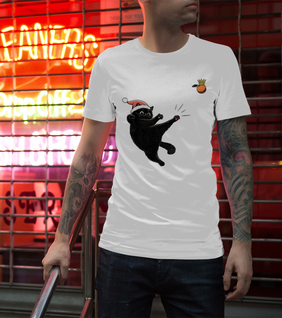 Black Cat Santa Hat Kicking Crowned Orange No Kings Christmas Anti-Trump T-Shirt