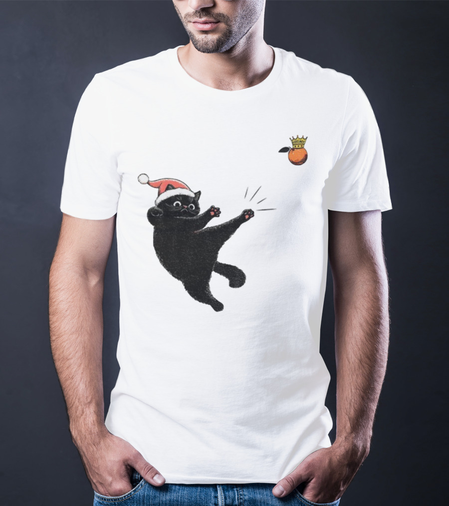 Black Cat Santa Hat Kicking Crowned Orange No Kings Christmas Anti-Trump T-Shirt