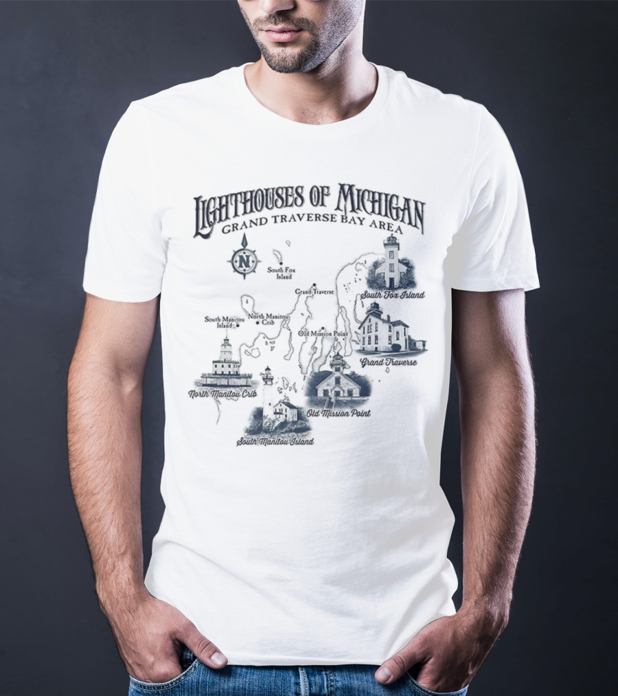 Lighthouses Of Michigan Grand Traverse Bay Area White Shoal South Fox Island Old Mission Grand Traverse South Manitou Northport T-Shirt