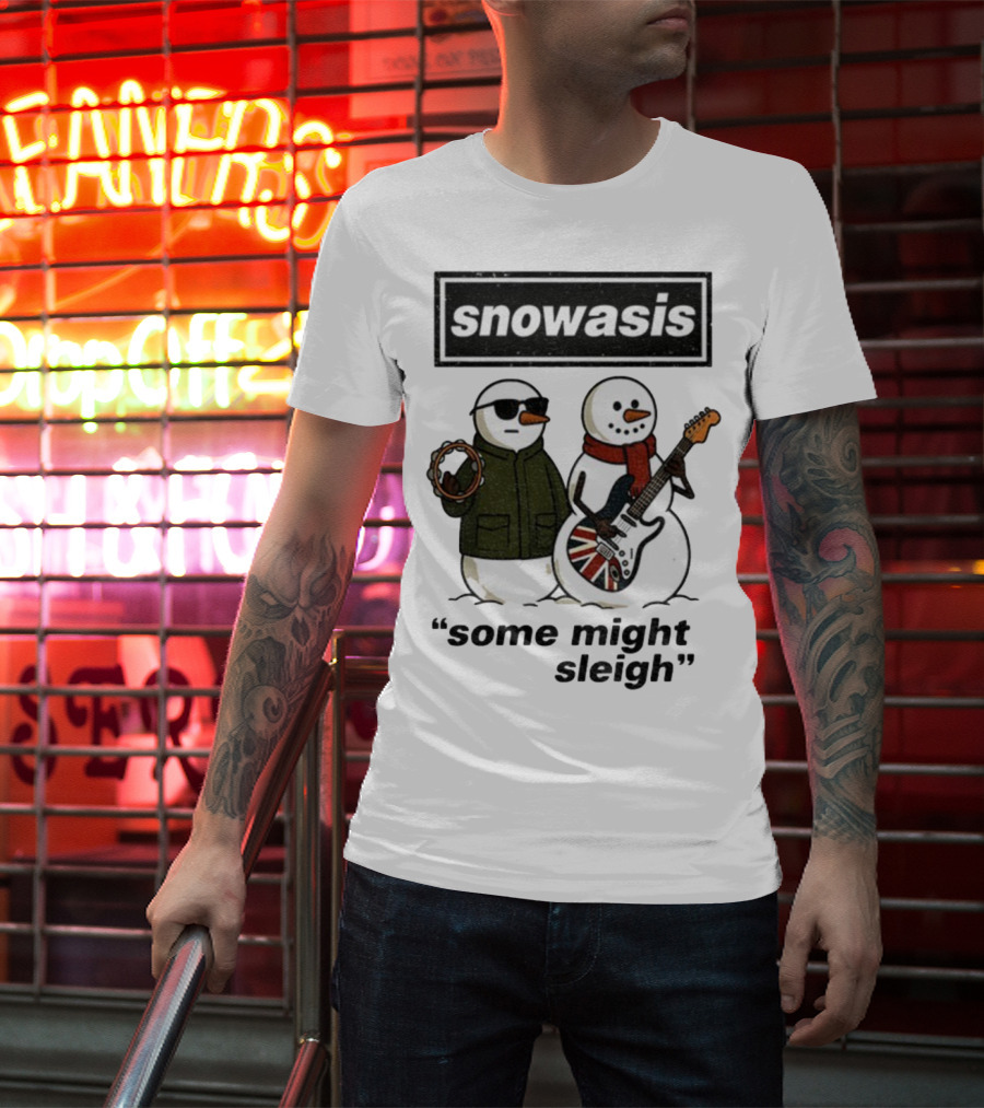 Snowasis Some Might Sleigh Christmas Snowmen With Guitars And Tambourine T-Shirt