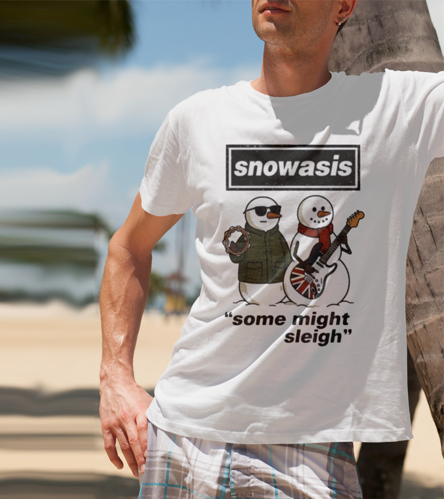 Snowasis Some Might Sleigh Christmas Snowmen With Guitars And Tambourine T-Shirt