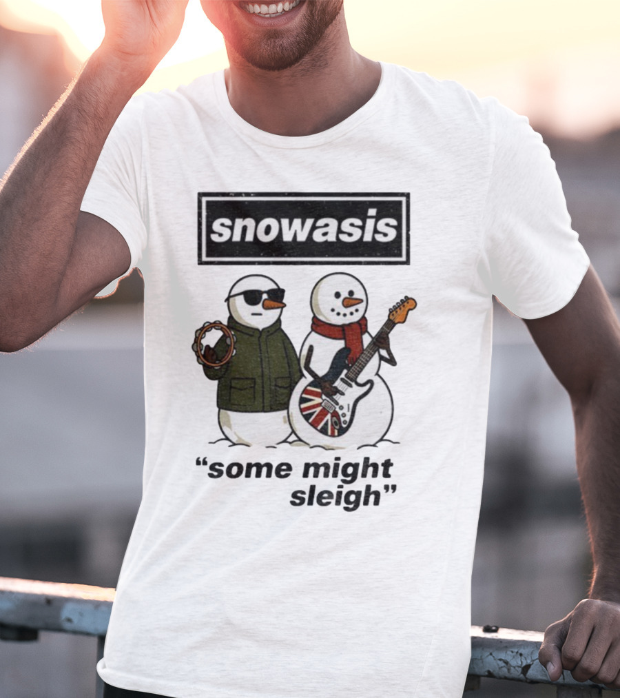 Snowasis Some Might Sleigh Christmas Snowmen With Guitars And Tambourine T-Shirt