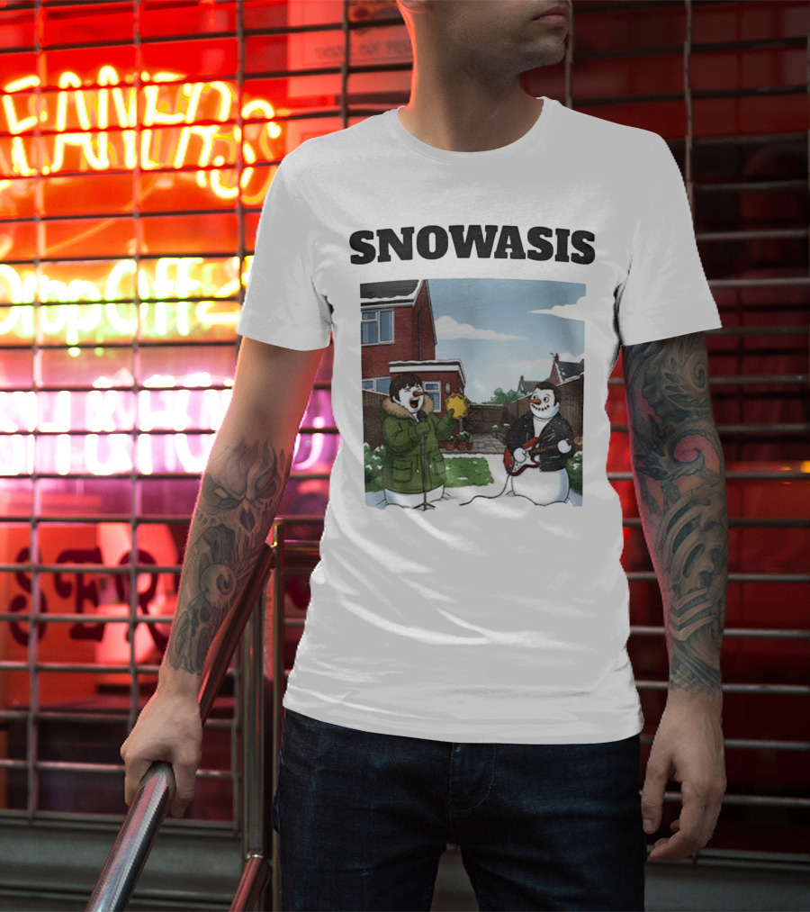 Snowasis Snowman Winter Oasis Vintage Guitar Tambourine Scene T-Shirt