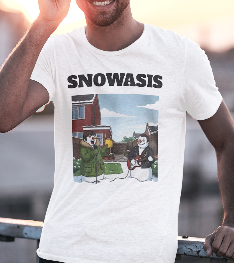 Snowasis Snowman Winter Oasis Vintage Guitar Tambourine Scene T-Shirt