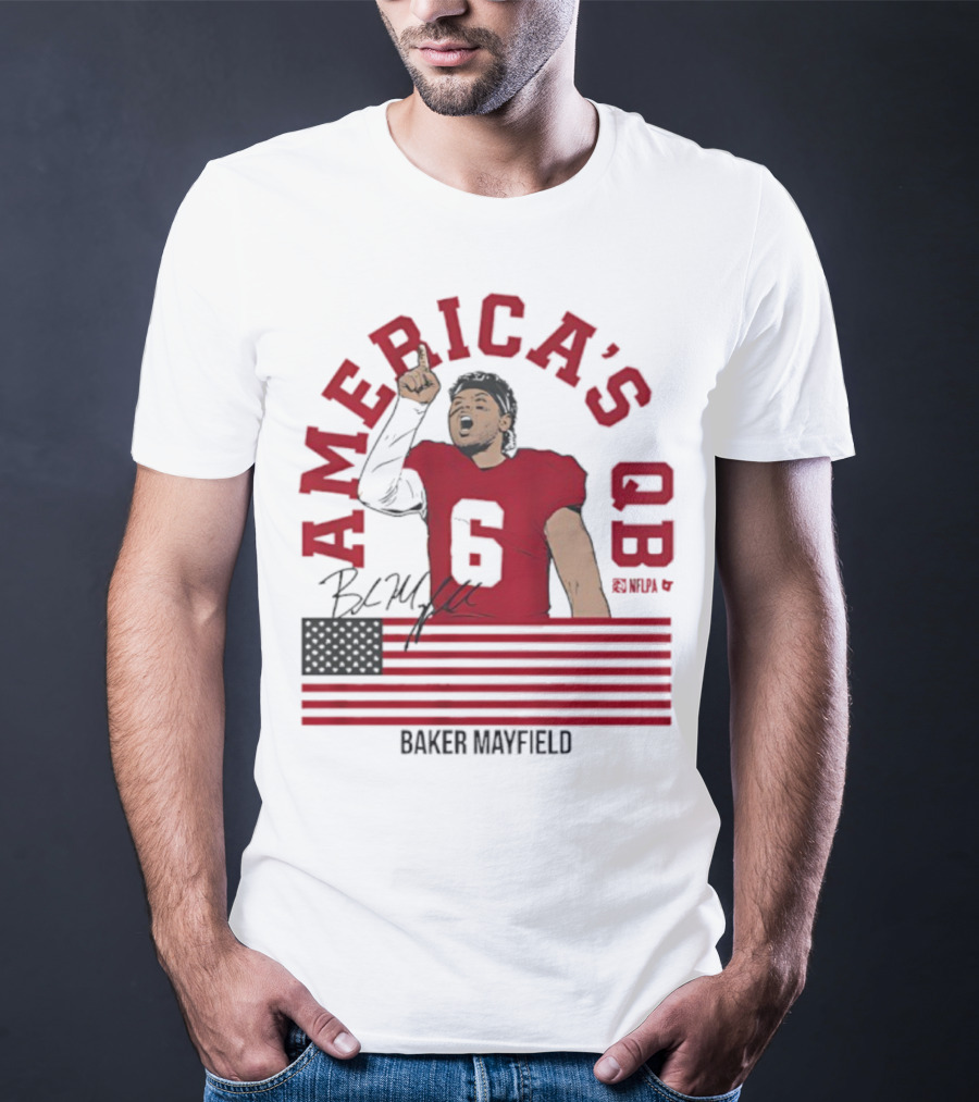 Baker Mayfield America's QB Number 6 USA Flag Signature T-Shirt