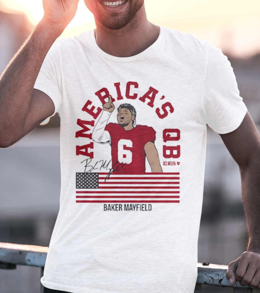 Baker Mayfield America's QB Number 6 USA Flag Signature T-Shirt