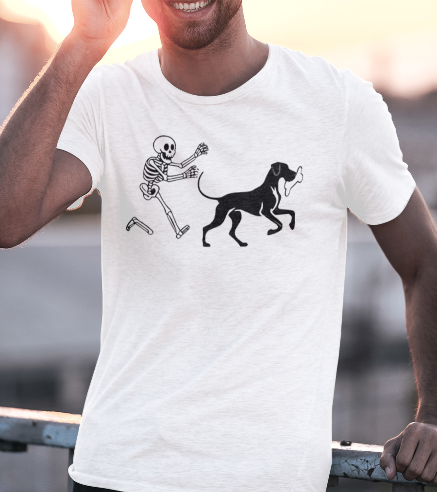 Skeleton Chasing Dog With Bone Funny Meme Halloween T-Shirt