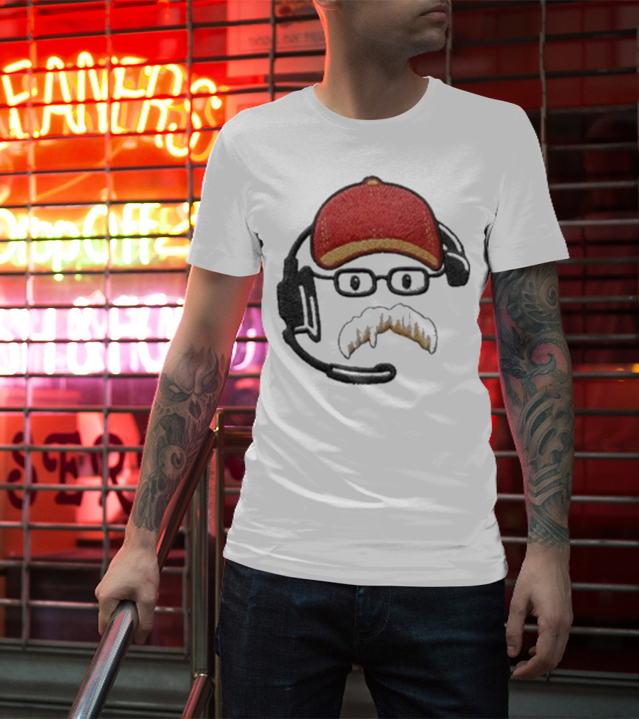 Andy Reid Kansas City Chiefs Coach Embroidered Patch Style With Red Cap And Headset T-Shirt