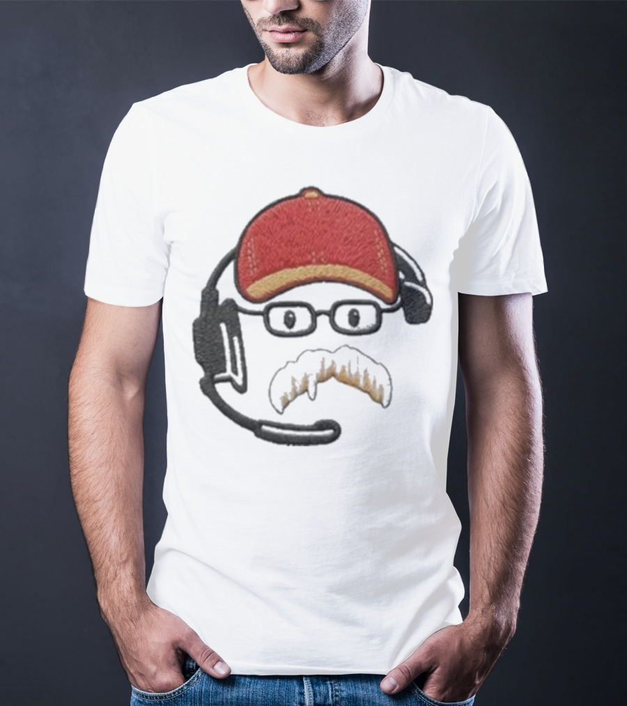 Andy Reid Kansas City Chiefs Coach Embroidered Patch Style With Red Cap And Headset T-Shirt