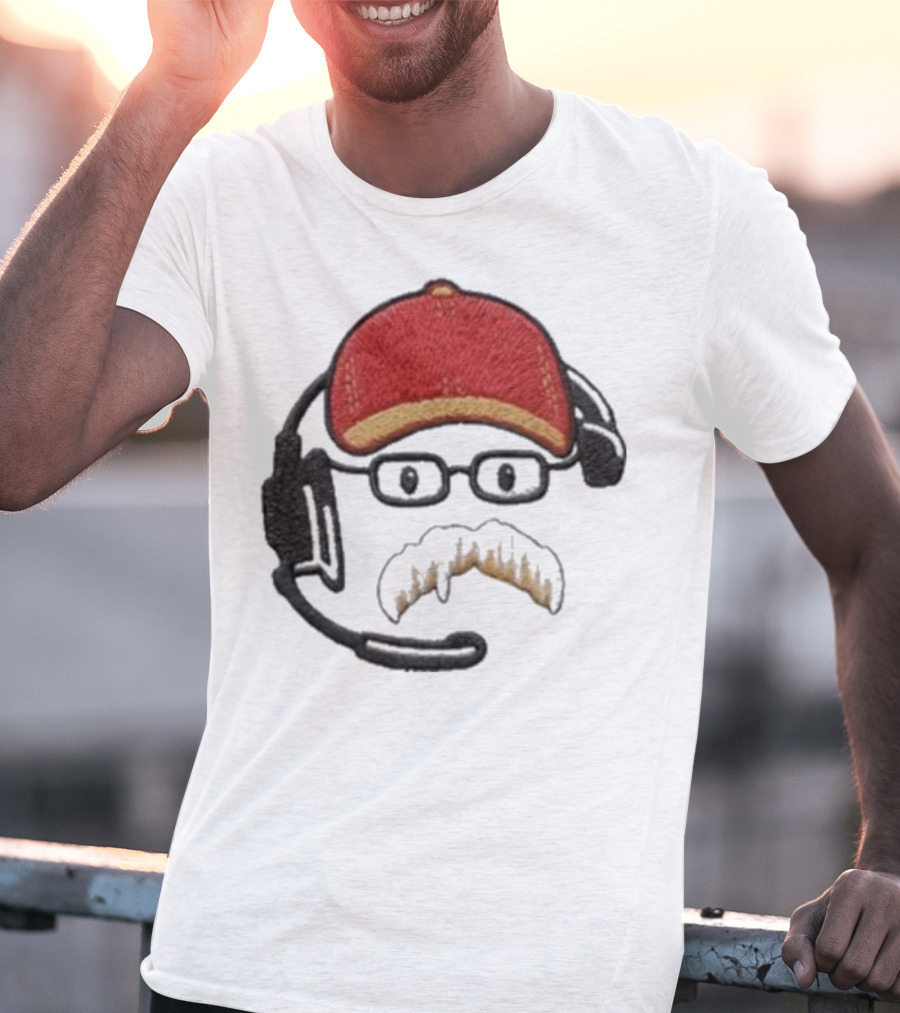 Andy Reid Kansas City Chiefs Coach Embroidered Patch Style With Red Cap And Headset T-Shirt