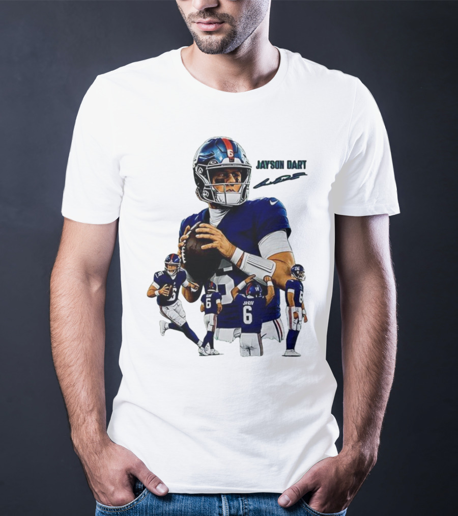 Jaxson Dart New York Giants NFL Football Signature Quarterback Action T-Shirt