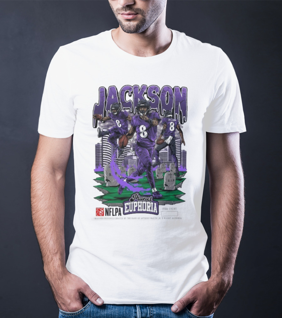 Lamar Jackson NFLPA Planet Euphoria Purple Football Action T-Shirt