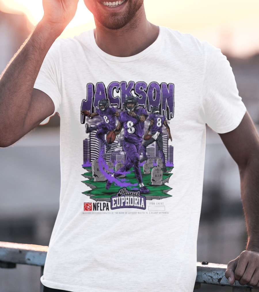 Lamar Jackson NFLPA Planet Euphoria Purple Football Action T-Shirt