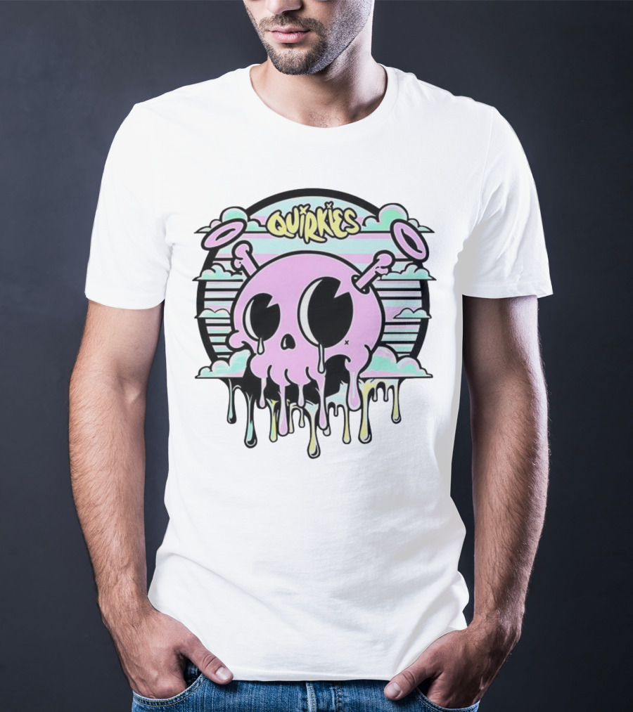 Quirkies Melting Skull With Two Crossbones Vintage Pastel Clouds T-Shirt