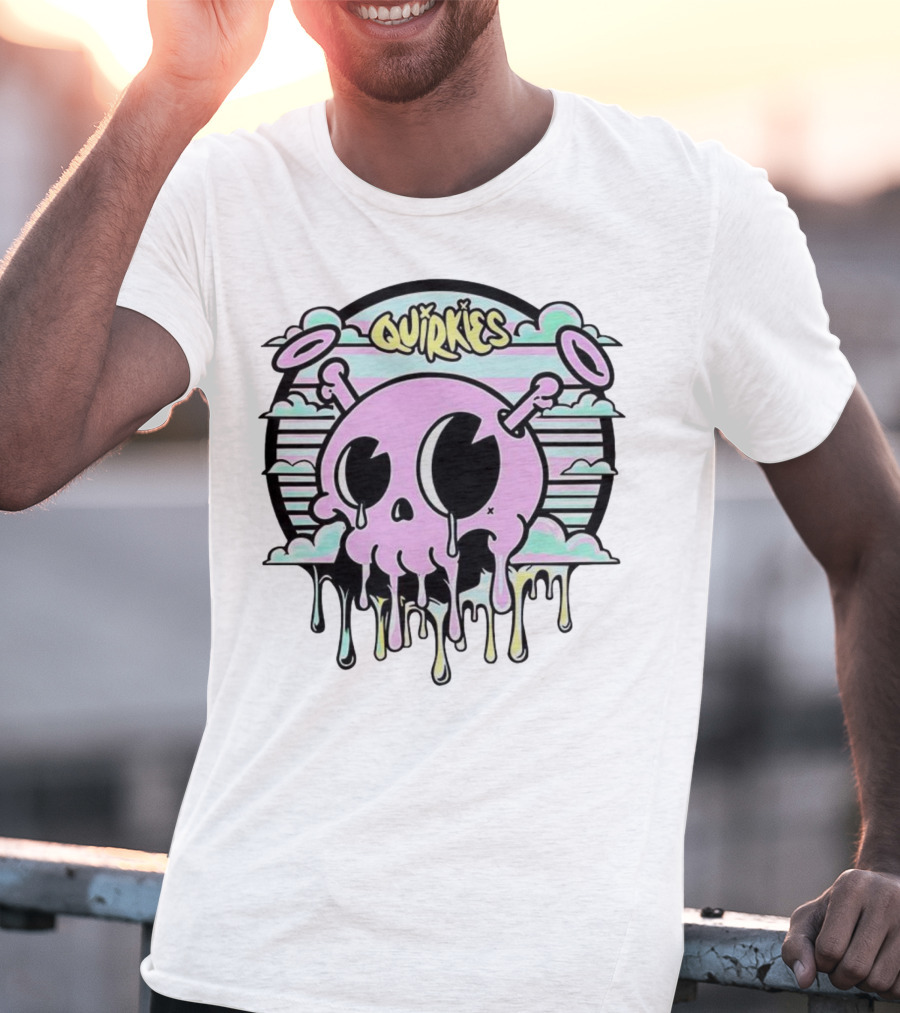 Quirkies Melting Skull With Two Crossbones Vintage Pastel Clouds T-Shirt