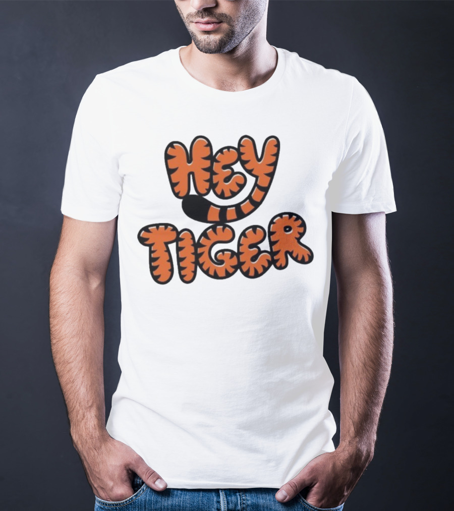 Cincinnati Bengals Hey Tiger Striped Bubble Letter Tiger Tail Pattern T-Shirt