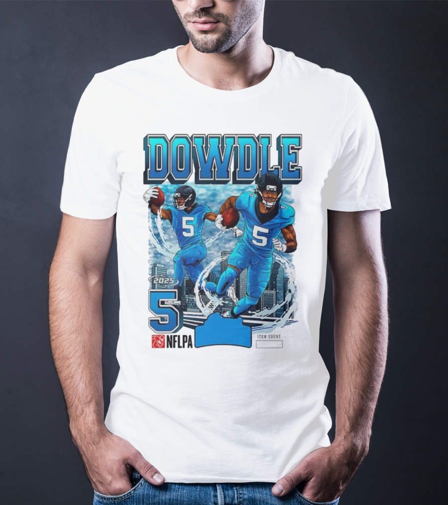 Rico Dowdle Carolina Panthers 2025 Number 5 Skyline NFLPA T-Shirt
