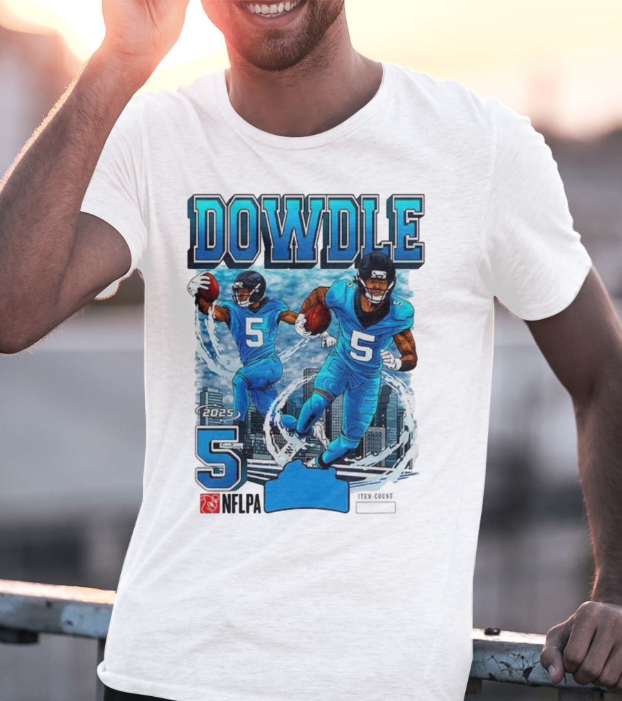Rico Dowdle Carolina Panthers 2025 Number 5 Skyline NFLPA T-Shirt