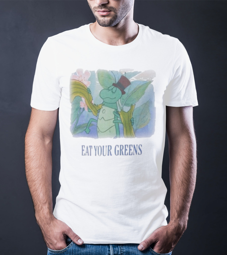 Eat Your Greens Cartoon Grasshopper Top Hat Celery Art T-Shirt
