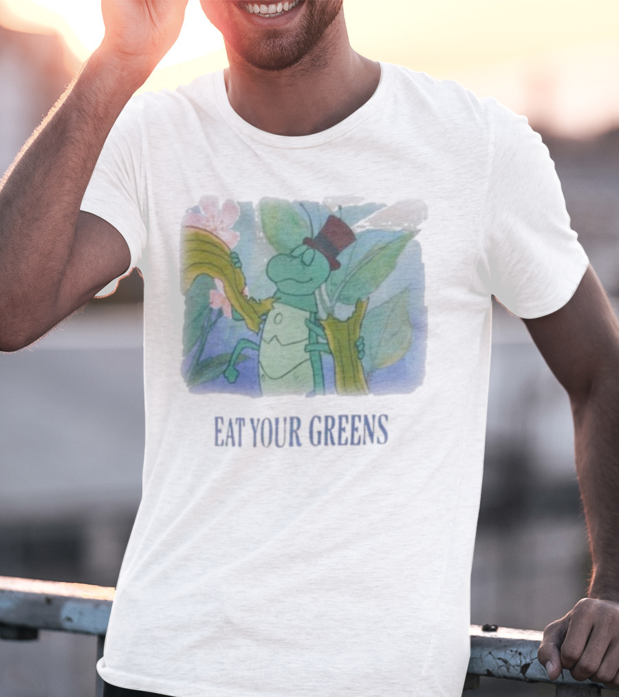Eat Your Greens Cartoon Grasshopper Top Hat Celery Art T-Shirt