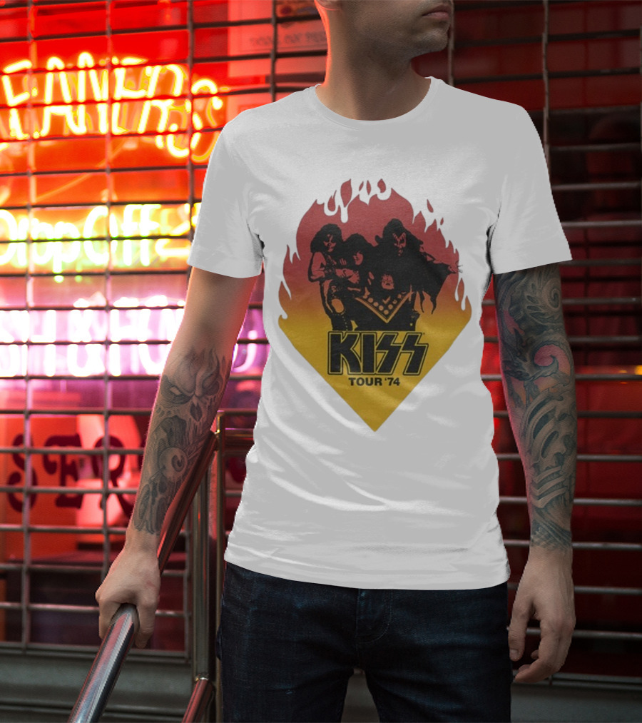 Kiss Tour ’74 Fire Logo Midday Sun Band Members T-Shirt