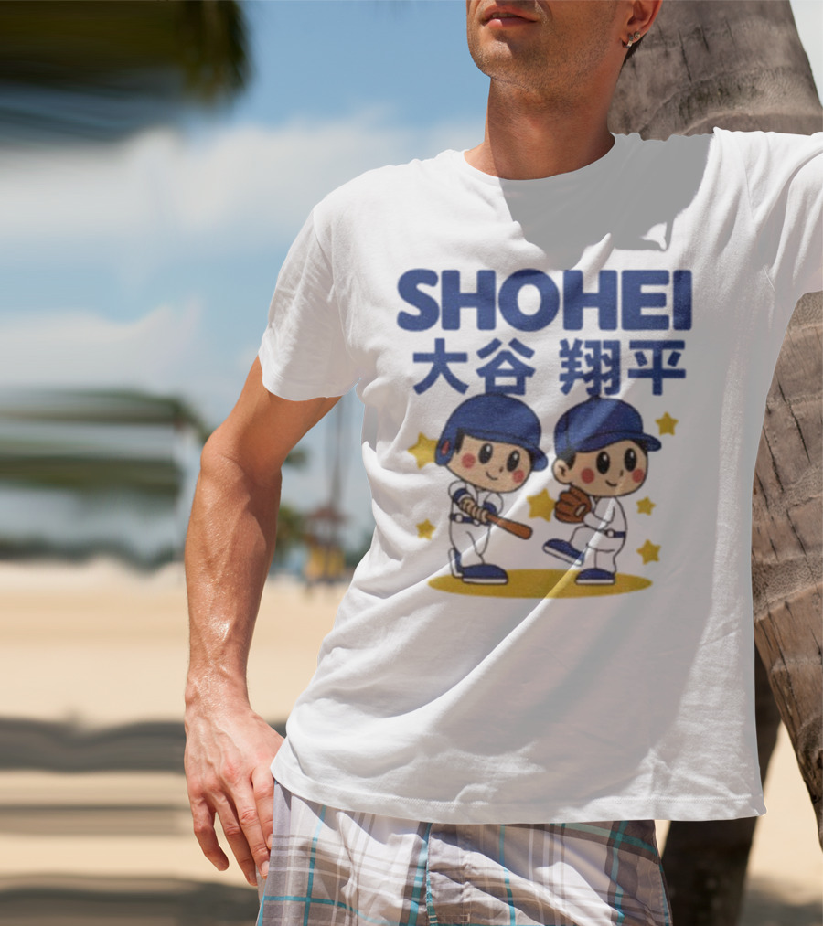 Shohei Ohtani Cartoon Baseball MLB Anime Style Kanji Stars T-Shirt