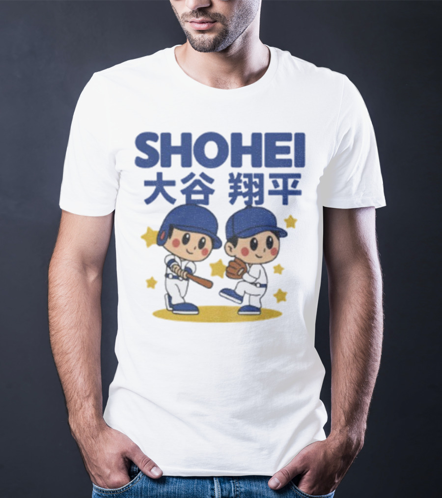 Shohei Ohtani Cartoon Baseball MLB Anime Style Kanji Stars T-Shirt