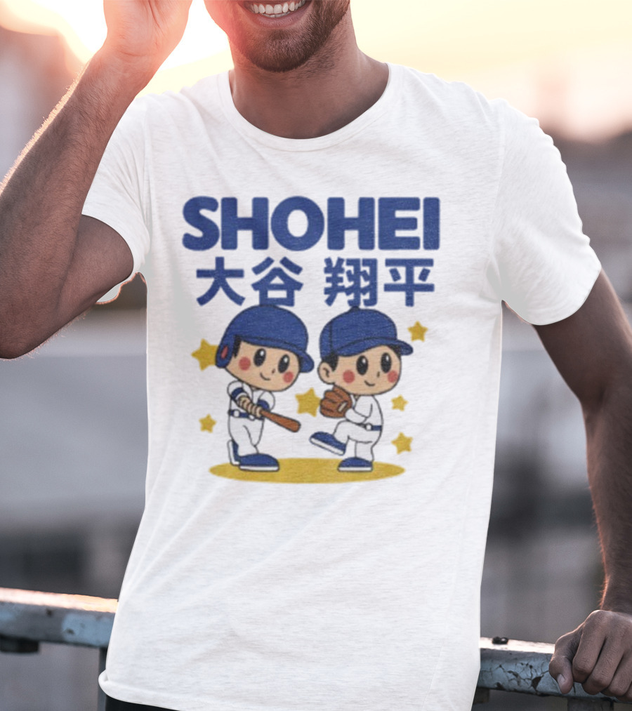 Shohei Ohtani Cartoon Baseball MLB Anime Style Kanji Stars T-Shirt