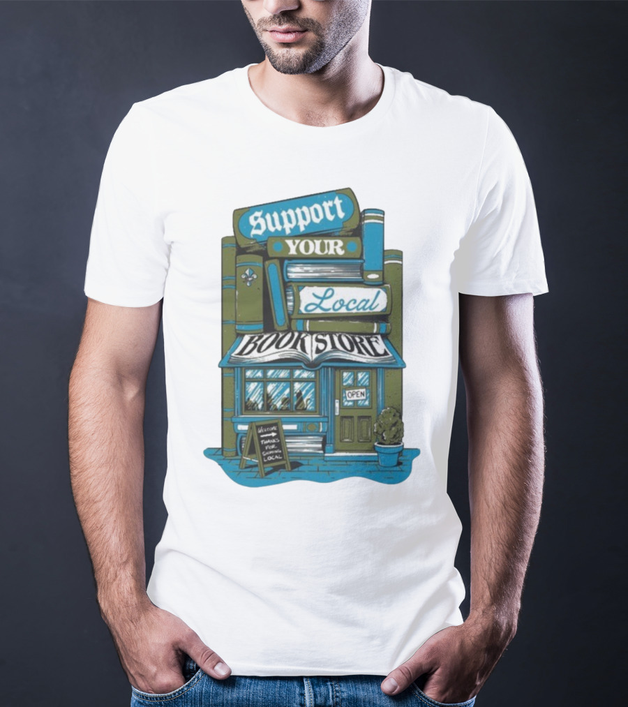Support Your Local Bookstore Open Vintage Bookshelf Design T-Shirt