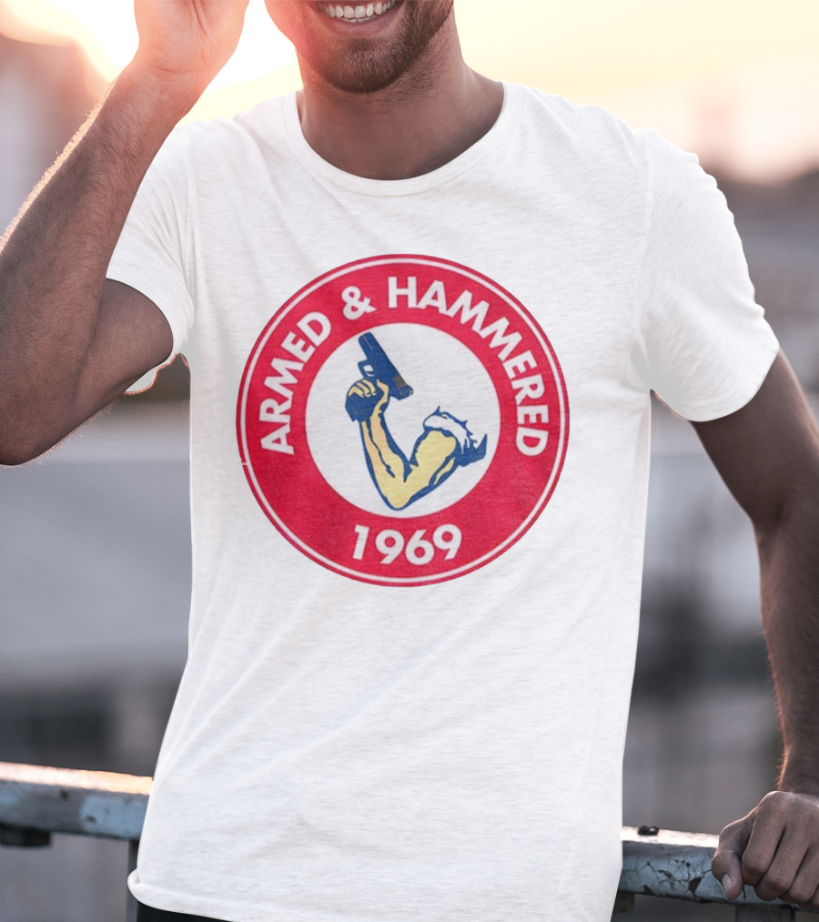Armed And Hammered 1969 Circle Red And White Vintage Arm With Gun T-Shirt