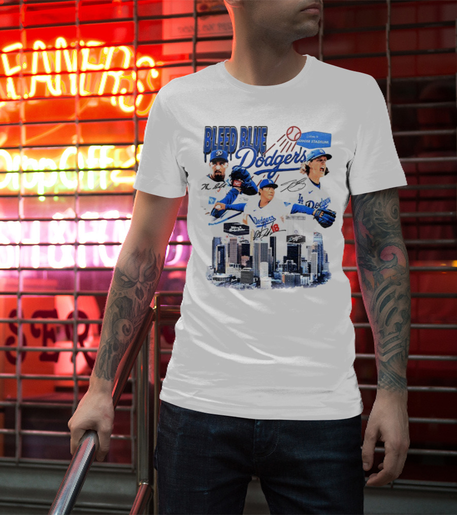 Bleed Blue Dodgers Shohei Ohtani Mookie Betts Yoshinobu Yamamoto Los Angeles Signatures Dodger Stadium T-Shirt