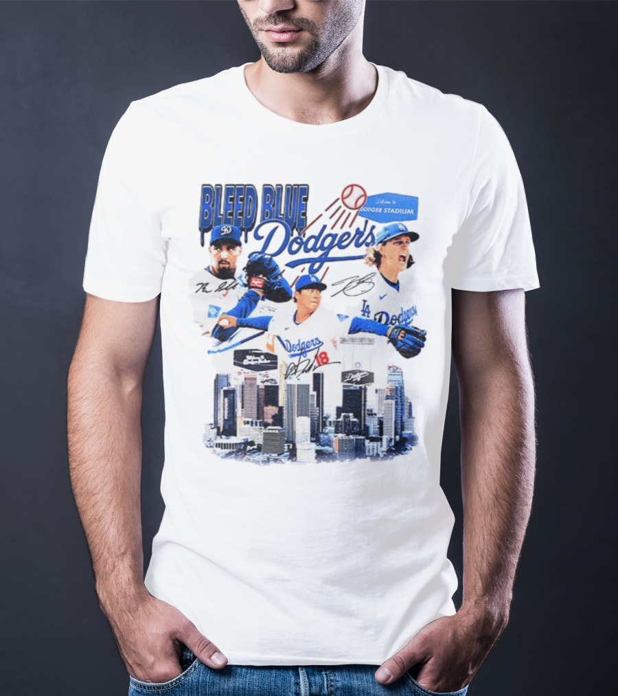 Bleed Blue Dodgers Shohei Ohtani Mookie Betts Yoshinobu Yamamoto Los Angeles Signatures Dodger Stadium T-Shirt