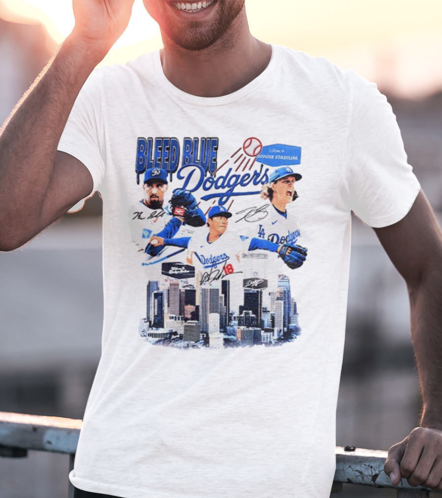 Bleed Blue Dodgers Shohei Ohtani Mookie Betts Yoshinobu Yamamoto Los Angeles Signatures Dodger Stadium T-Shirt