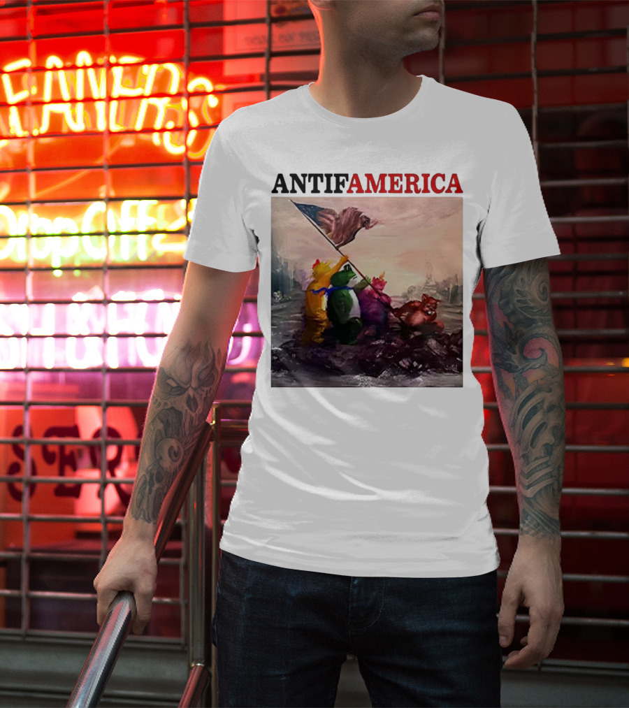 Antifamerica Portland Frog Parody Of Iconic Historical Scene With Bold Characters And Flag T-Shirt