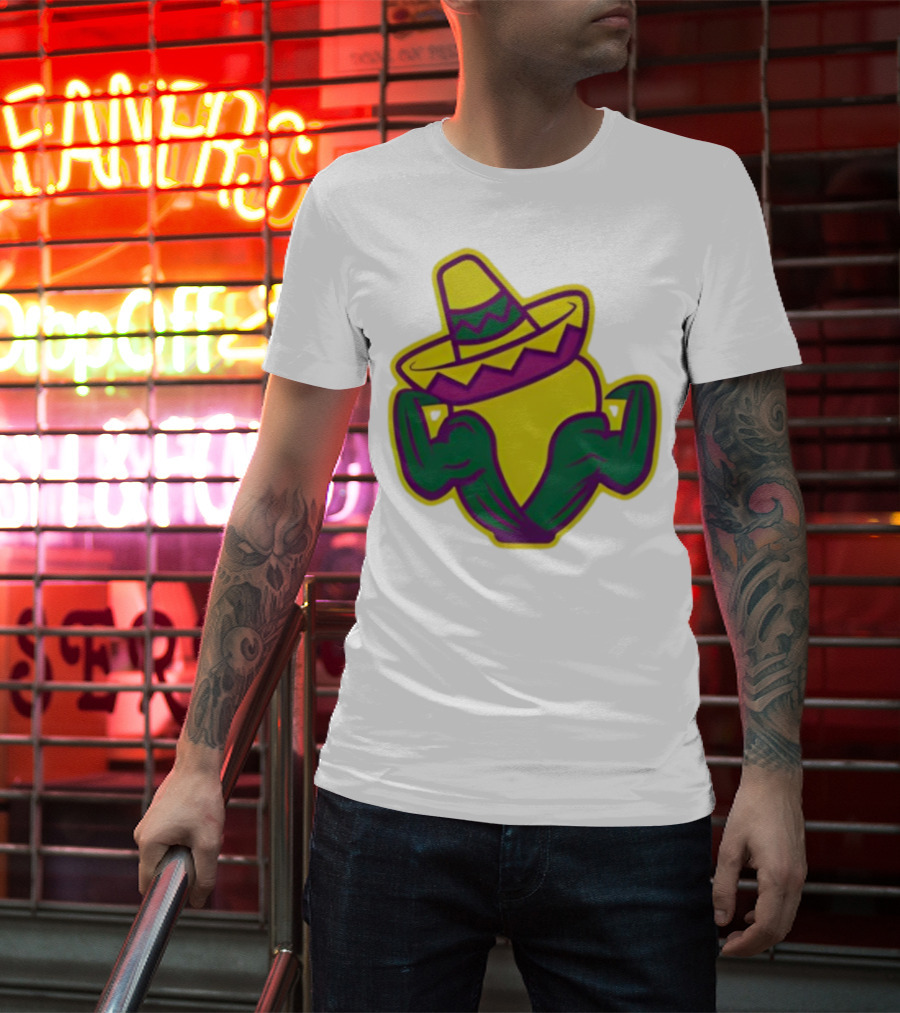 Cedar Rapids Kernels Corn Mascot In Sombrero Green And Yellow Design T-Shirt