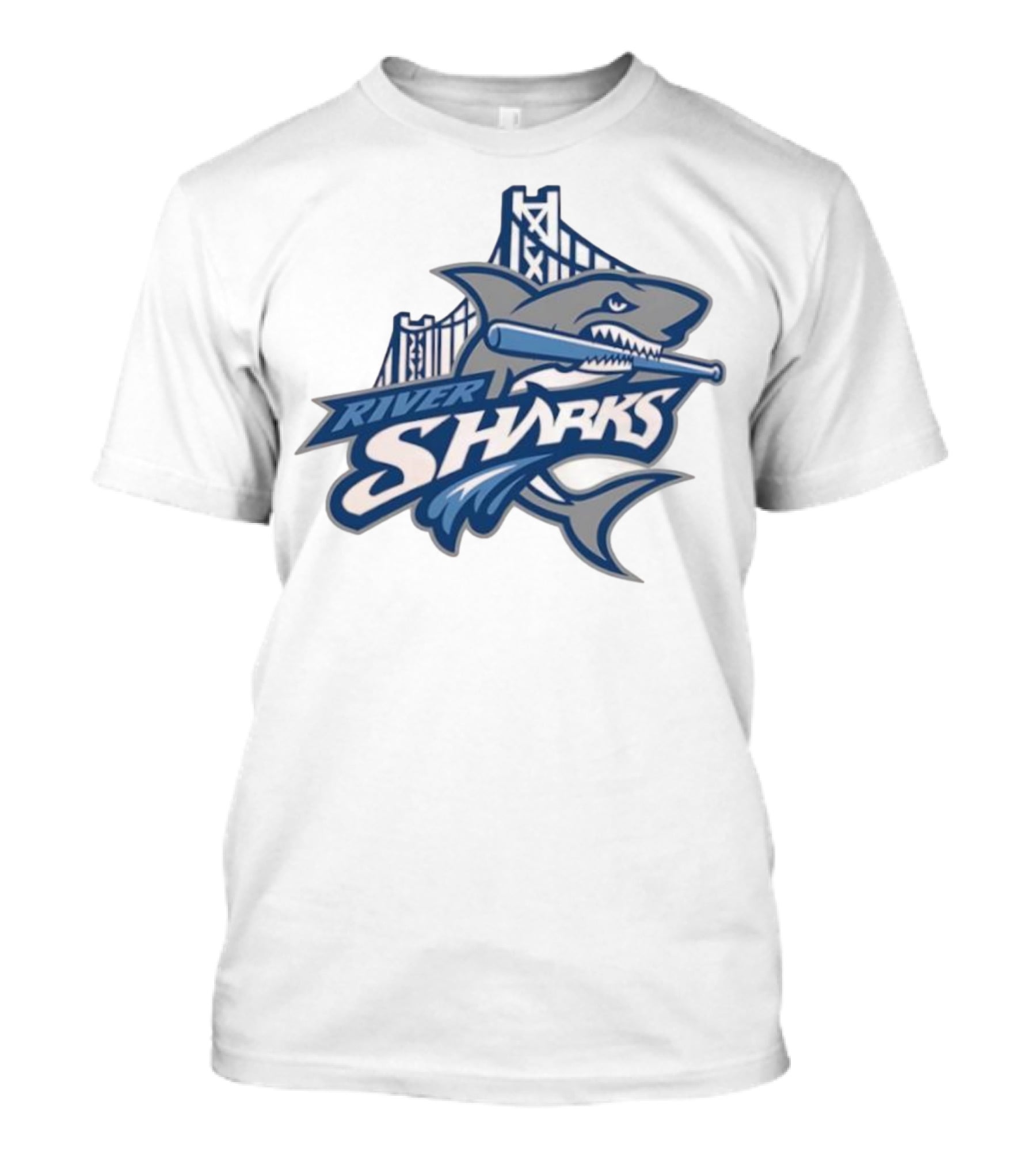 Camden Riversharks Baseball Team River Sharks Text With Shark And Bridge Imagery T-Shirt