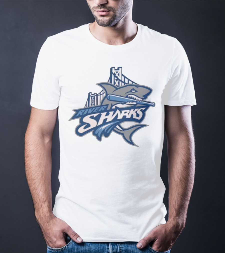 Camden Riversharks Baseball Team River Sharks Text With Shark And Bridge Imagery T-Shirt