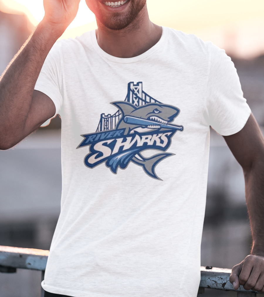 Camden Riversharks Baseball Team River Sharks Text With Shark And Bridge Imagery T-Shirt