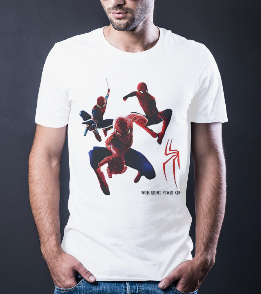 Spider Man Daily Bugle With Great Power Comes Great Responsibility Spider Logo Trio Suit Styles T-Shirt