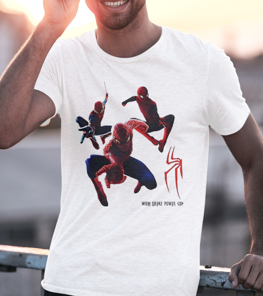 Spider Man Daily Bugle With Great Power Comes Great Responsibility Spider Logo Trio Suit Styles T-Shirt