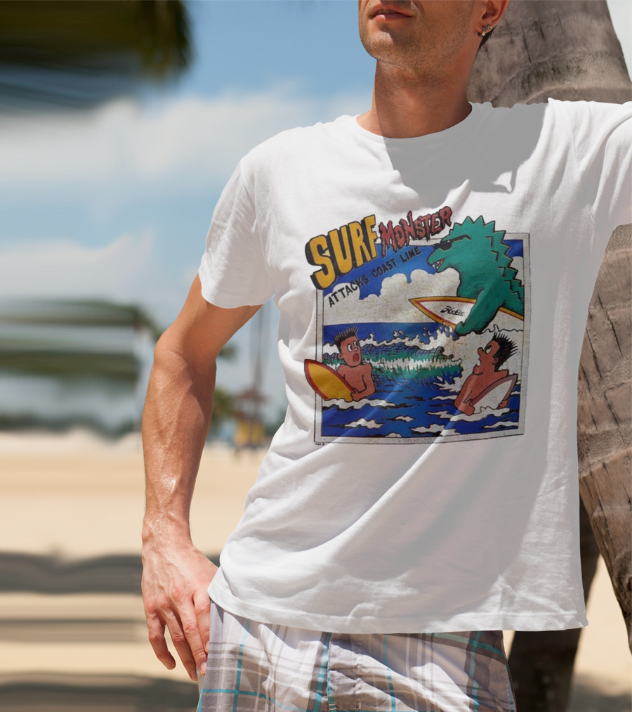 Surf Monster Attacks Coast Line Retro Comic Style Surfing Scene T-Shirt