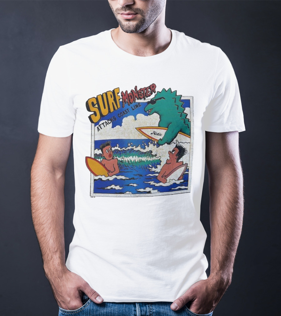 Surf Monster Attacks Coast Line Retro Comic Style Surfing Scene T-Shirt