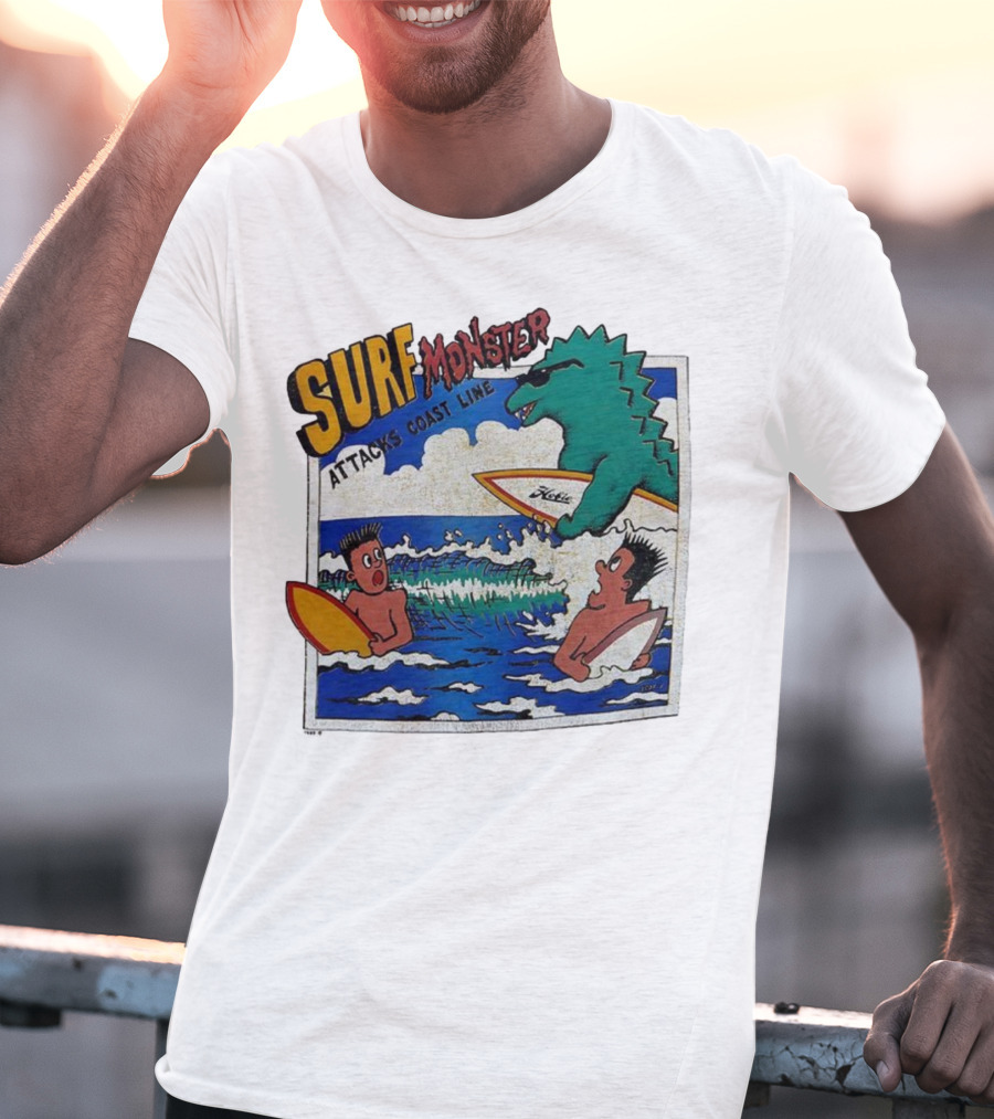 Surf Monster Attacks Coast Line Retro Comic Style Surfing Scene T-Shirt
