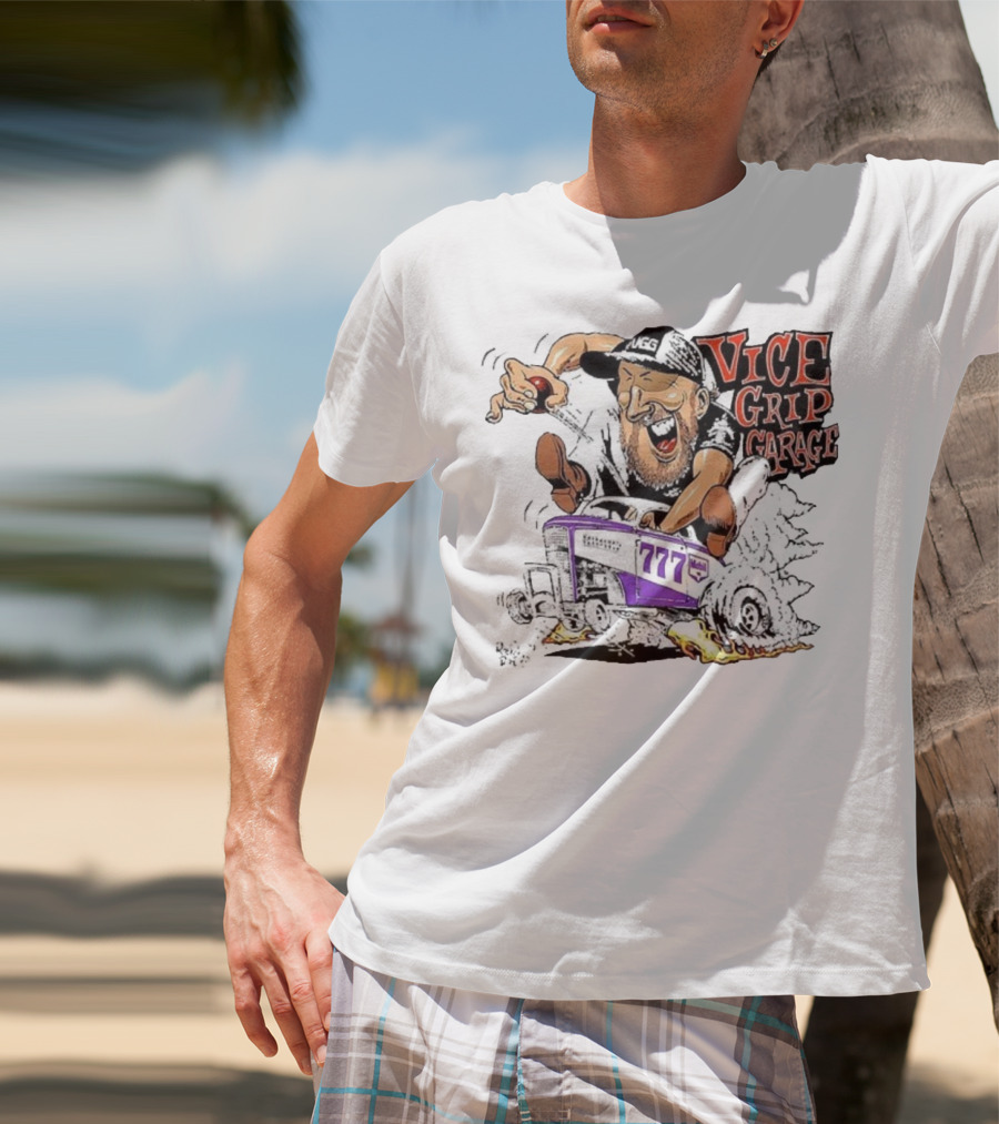 Vice Grip Garage 777 Cartoon Hot Rod Illustration With Bearded Driver And Smoking Tires T-Shirt