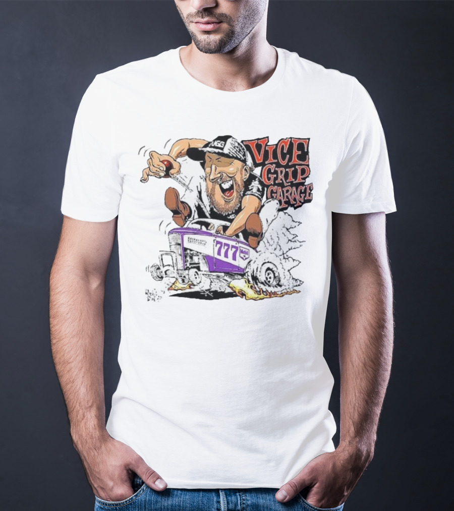 Vice Grip Garage 777 Cartoon Hot Rod Illustration With Bearded Driver And Smoking Tires T-Shirt