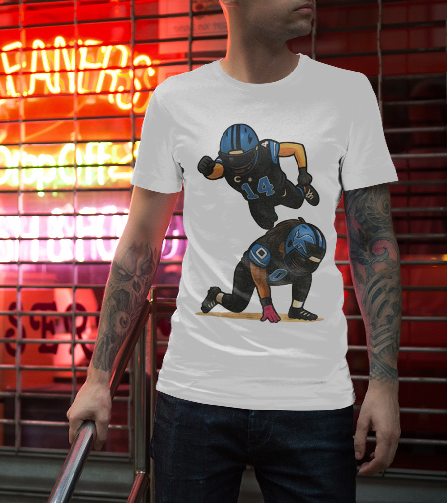 Amon Ra St. Brown Jahmyr Gibbs 14 00 Blue Black Football Celebration T-Shirt